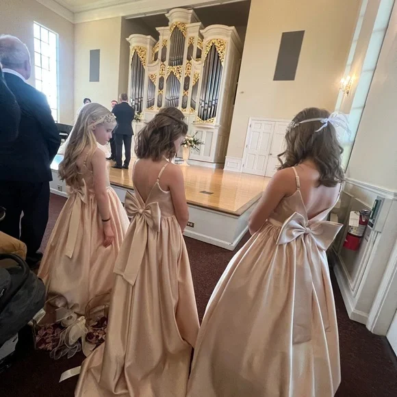 Gold/ cream Satin Kids Dress with Bow, flower girl dress - Picture 3 of 16